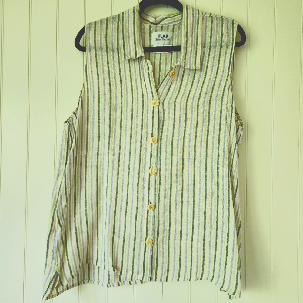 Flax Striped Sleeveless Button-Up Top